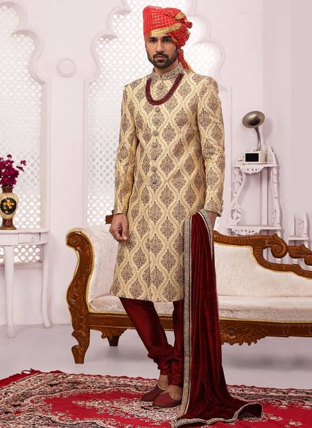 Gold Colour Wedding Wear Embroidery Work Sherwani Groom Latest Collection 9002